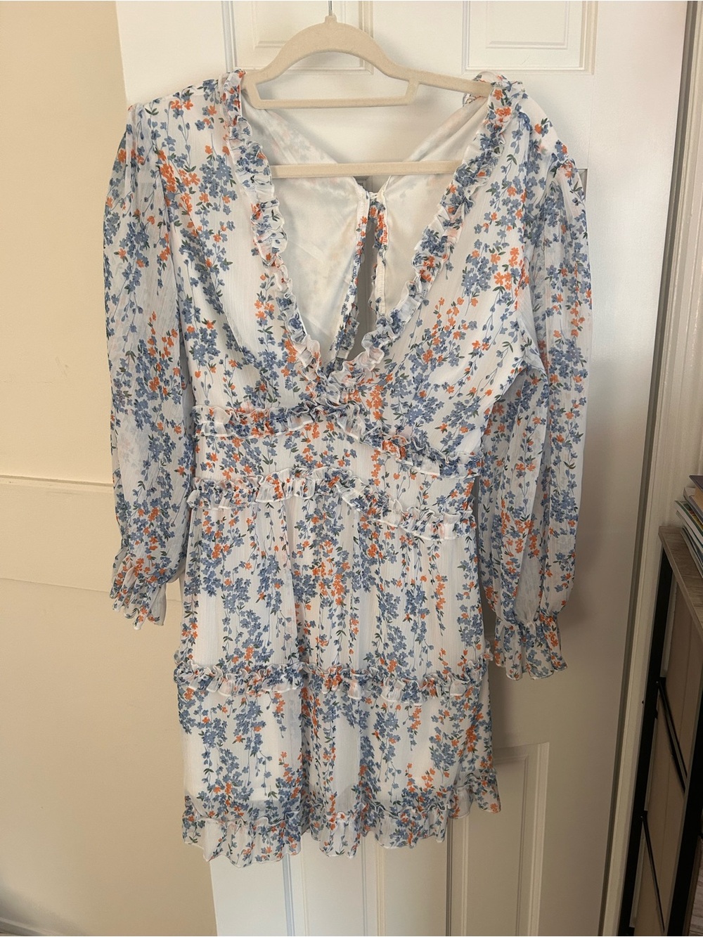 Floral Ruffle V-Neck Women's Dress - White with Blue & Orange Print